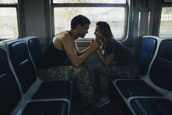 Romantic couple on train