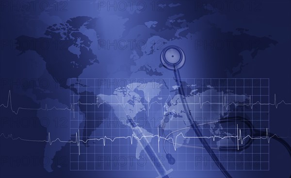 World map with stethoscope, needle and ecg graph,