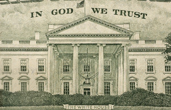 Close-up of US paper bill with white house