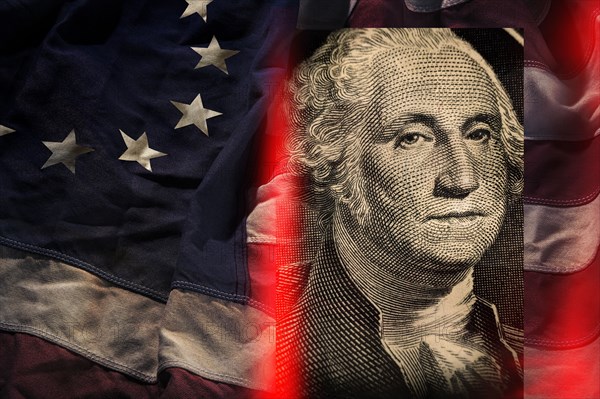 George Washington against American flag,,