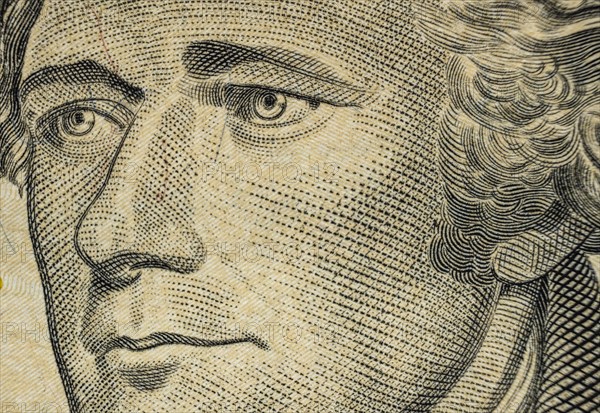 Close-up of US ten dollar bill,,