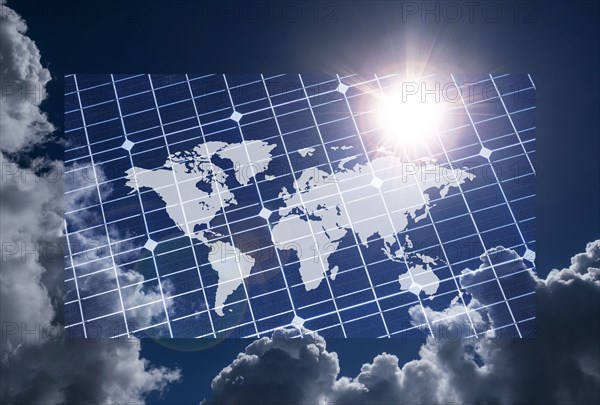 World map on solar panel,,