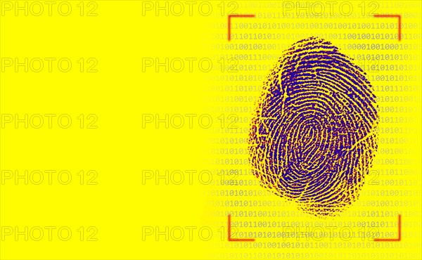 Fingerprint against binary numbers on yellow background