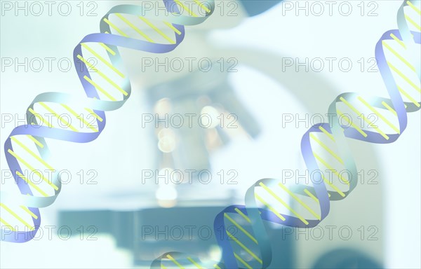 DNA helix and microscope in background