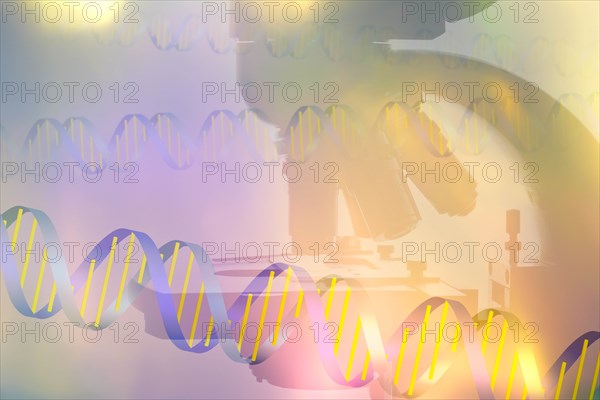 DNA helix and silhouette of microscope