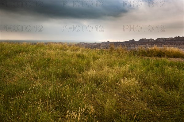 USA, South Dakota, Badlands National Park, Prairie grass and badlands