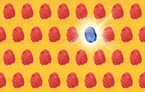 One blue fingerprint between red fingerprints on yellow background