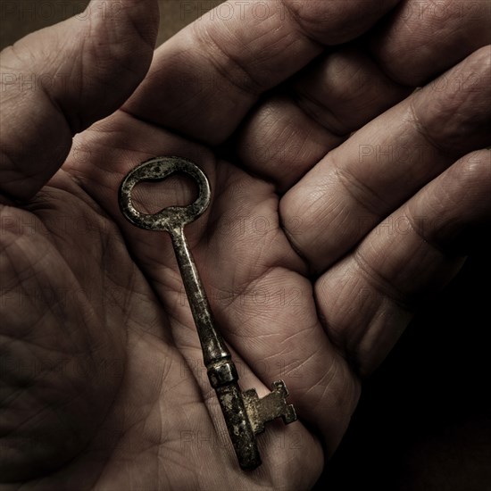 Hand holding antique key