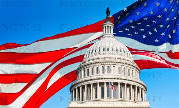 USA, Washington D.C., Capitol Building against background of American flag