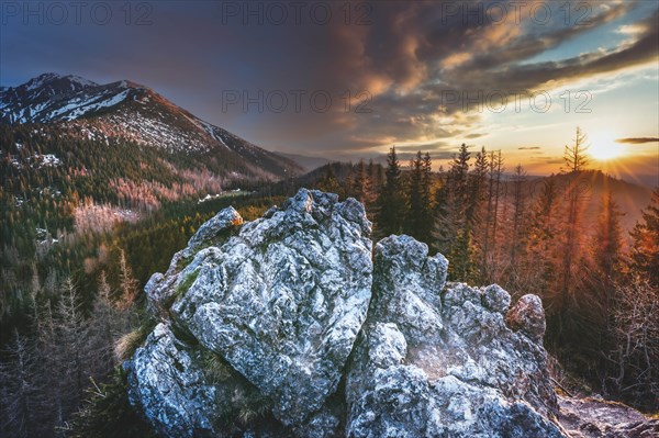 Poland, Lesser Poland, Tatra Mountains National Park, Landscape with Tatra Mountains in Tatra National Park seen from Gesia Szyja peak