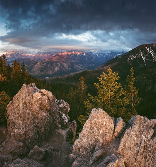 Poland, Lesser Poland, Tatra Mountains National Park, Landscape with Tatra Mountains in Tatra National Park seen from Gesia Szyja peak