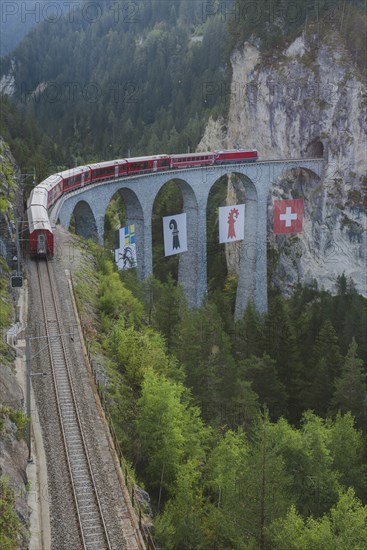 Switzerland, Schmitten and Filisur Landwasser Viaduct, Train on bridge in mountains