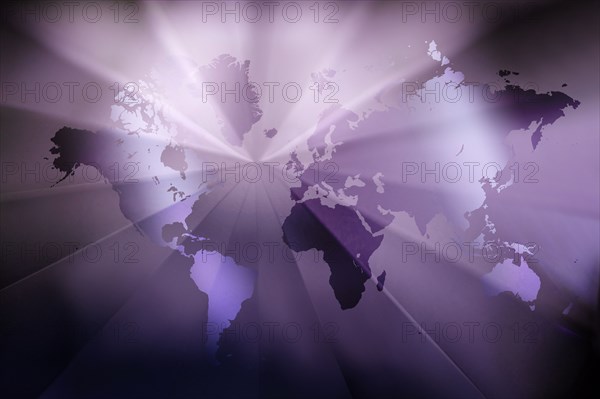 Purple world map with light beams