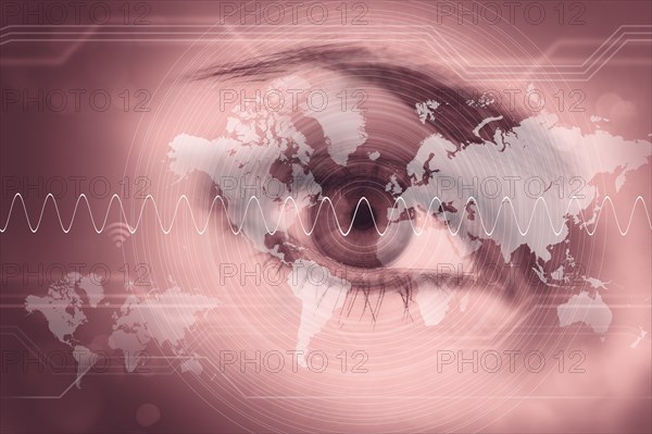 Female eye with world map and abstract pattern