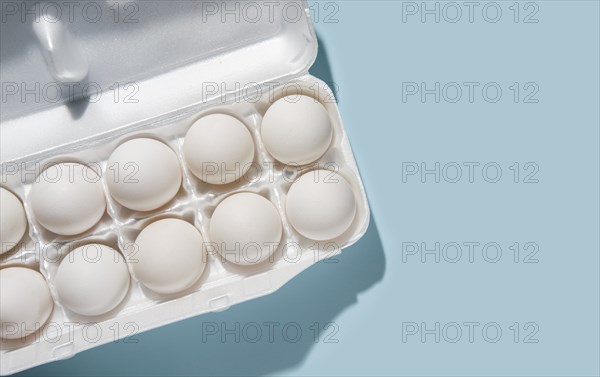 Eggs in carton on blue background