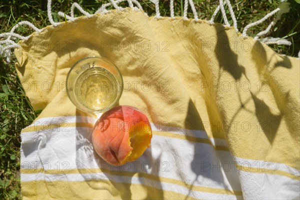 Peach juice on picnic blanket