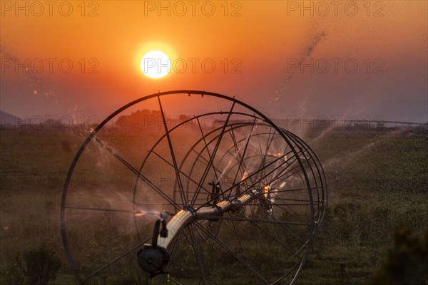 USA, Idaho, Bellevue, Irrigation wheel at sunset