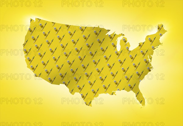 Rows of laboratory vials and syringes on yellow shape of USA