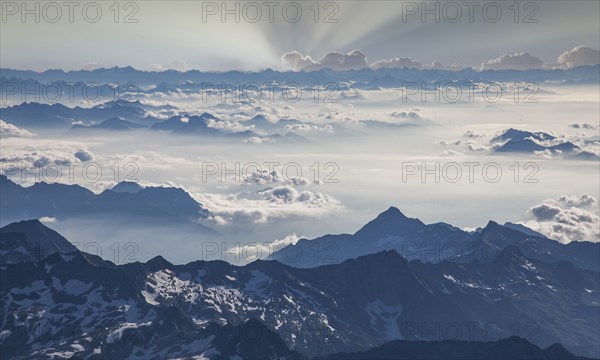 Aerial view of Monte Rosa Massif in clouds
