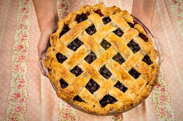 Close-up of hands holding freshly baked blueberry pie