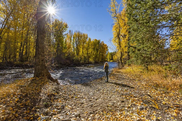 Woman looking at Big Wood River in autumn