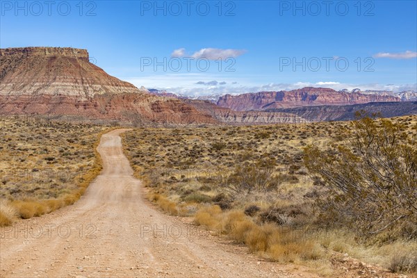 Dirt road across desert landscape near Zion National Park