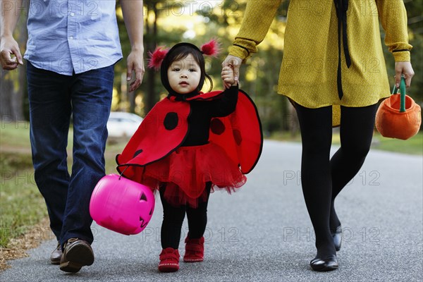 Girl dressed as ladybird with trick or treat bucket