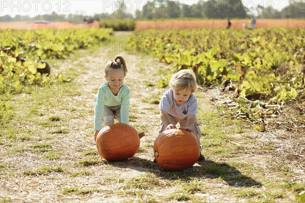 Brother and sister in pumpkin field
