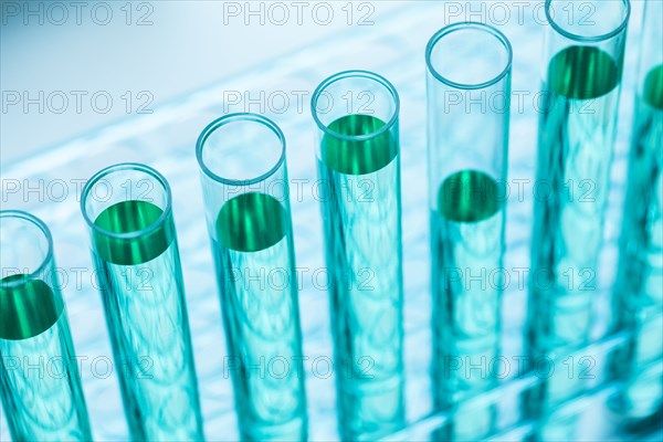 Close-up of test tubes with blue liquid