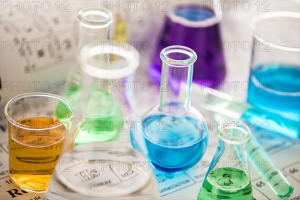 Laboratory glassware with liquids on periodic table