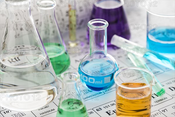 Laboratory glassware with liquids on periodic table