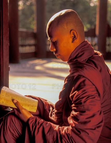 Buddhist monk reading prayers book