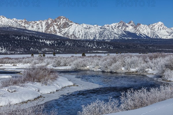 Salmon River and Sawtooth Mountains in winter