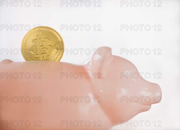 Pink piggy bank with bitcoin