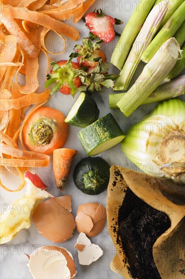 Overhead view of vegetable scraps ready for compost