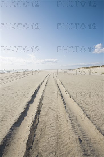 Usa, Massachusetts, Nantucket Island, Madaket Beach, 4x4 vehicle tire tracks on beach