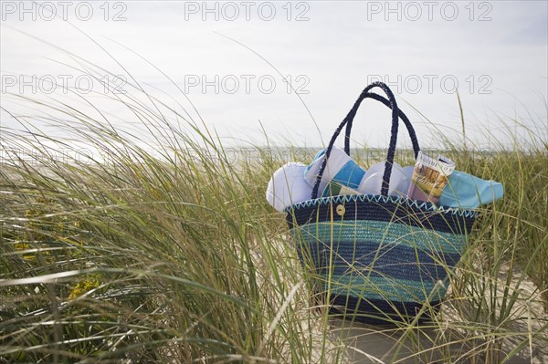 Beach bag packed for day at beach
