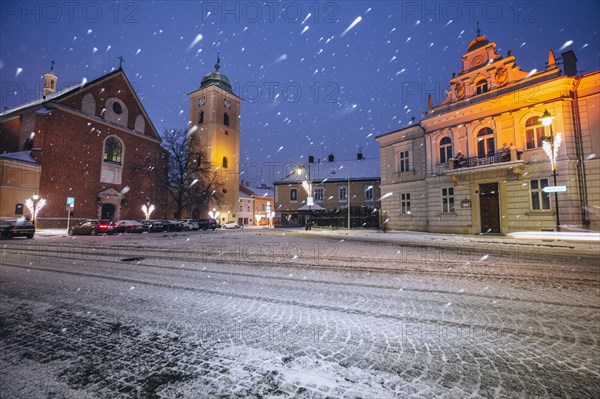 Poland, Subcarpathia, Rzeszow, Old town at dusk in winter