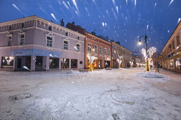 Poland, Subcarpathia, Rzeszow, Old town at dusk in winter