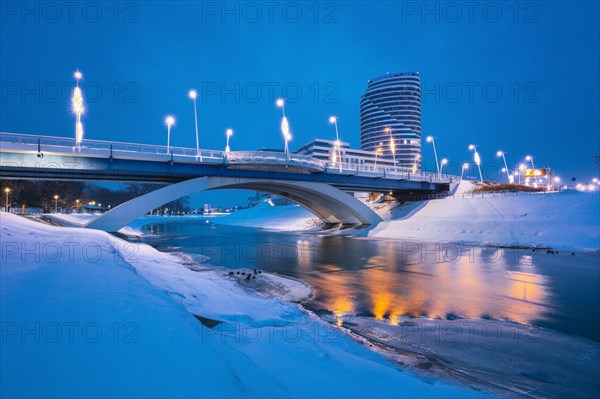 Poland, Subcarpathia, Rzeszow, Illuminated bridge in winter