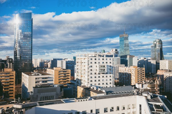 Poland, Masovia, Warsaw, City skyline with skyscrapers