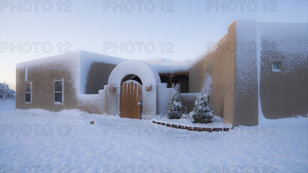 Usa, New Mexico, Santa Fe, Adobe style house covered with snow in winter