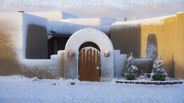 Usa, New Mexico, Santa Fe, Adobe style house covered with snow in winter