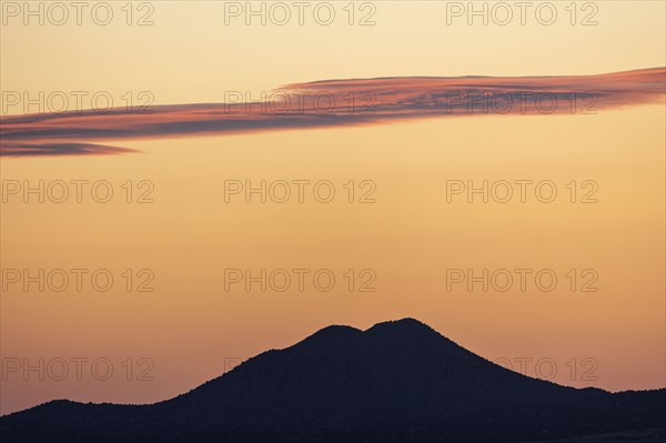 Usa, New Mexico, Santa Fe, El Dorado, Sunset sky over landscape with hills