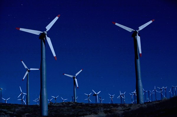 Wind turbines in landscape at night