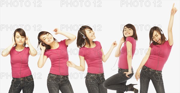 Multiple image of woman with headphones dancing in studio