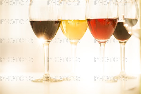 Studio shot of wine lasses of assorted wines