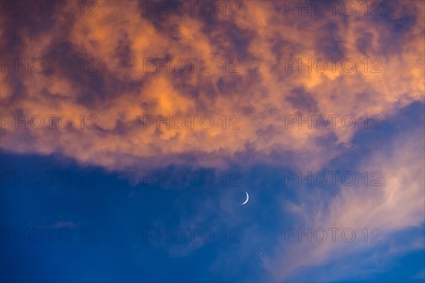 Crescent moon against blue sky with pink and orange clouds