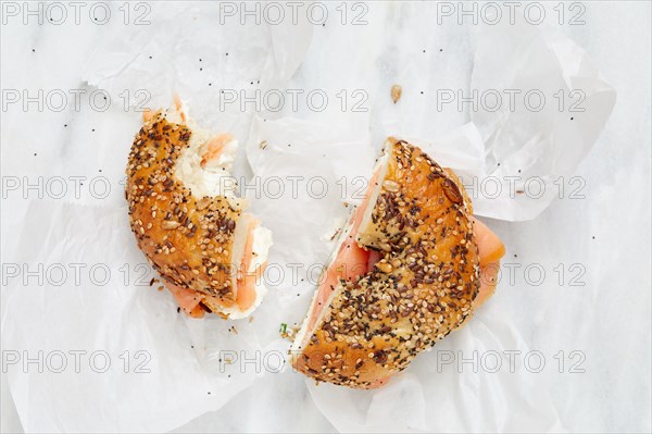 Overhead view of bagel with lox and cream cheese