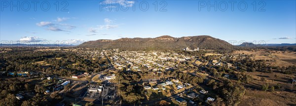 Aerial view of town and mountains